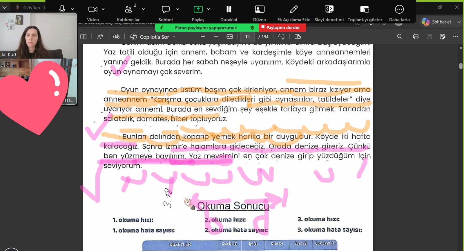 Online birebir hızlı okuma çalışması ekran paylaşımı